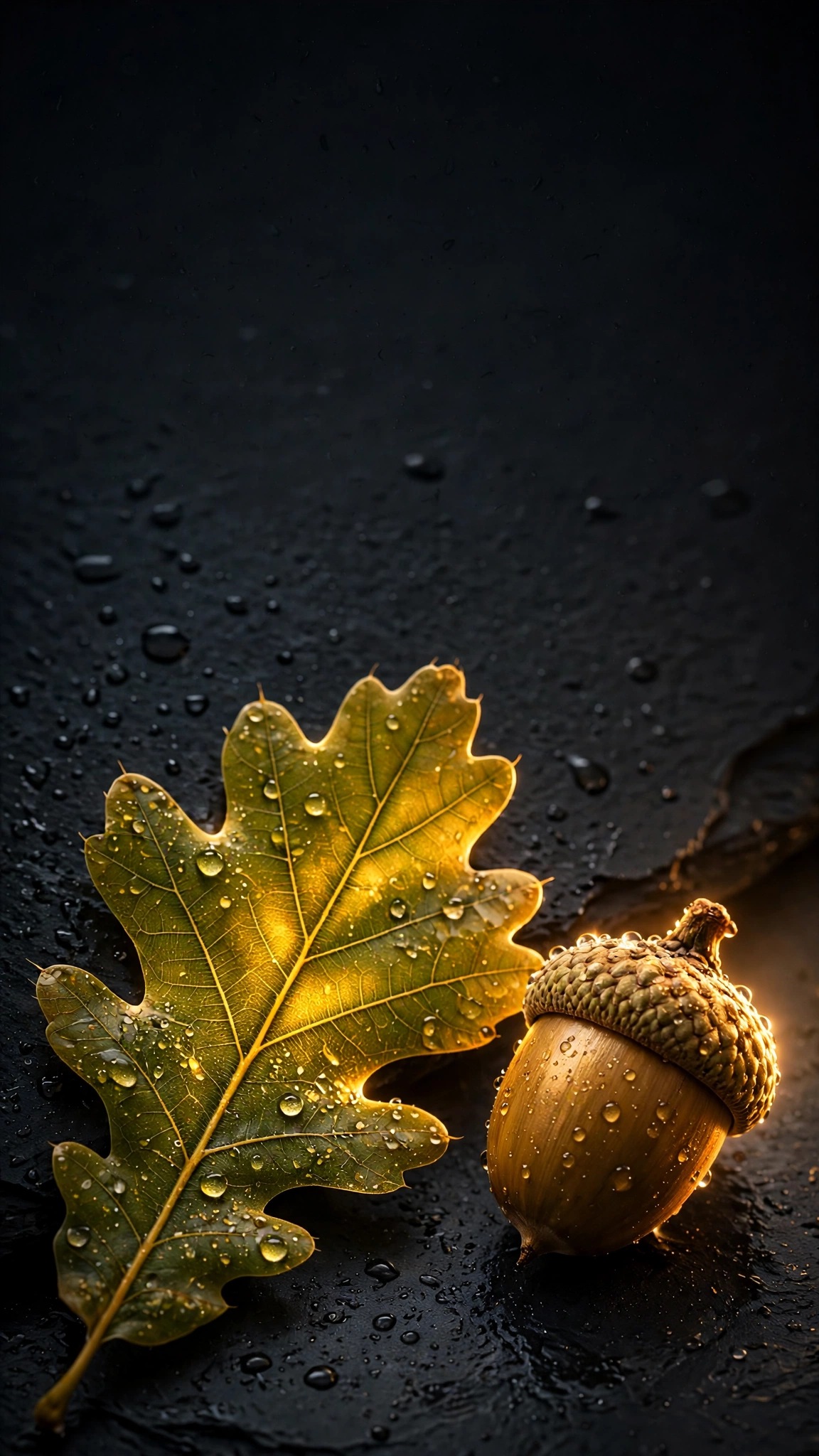 Golden acorn beside a glowing oak leaf