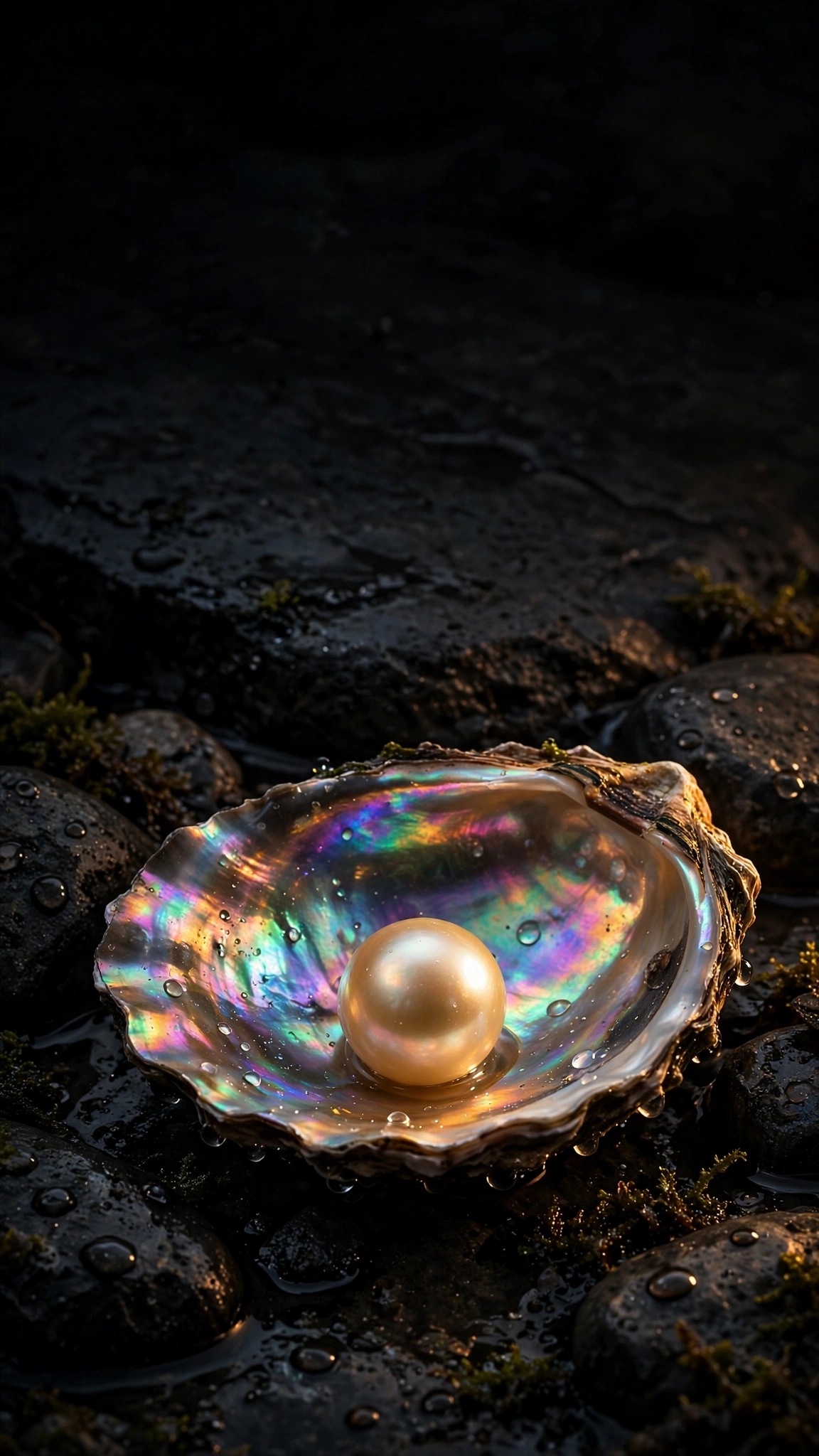Pearl shell with a luminous pearl on wet stone