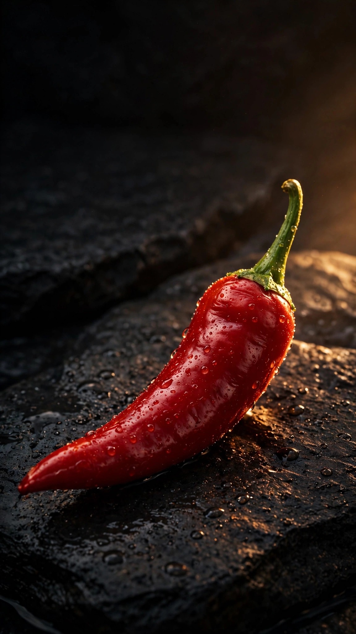 Glossy scarlet chili pepper on dark stone