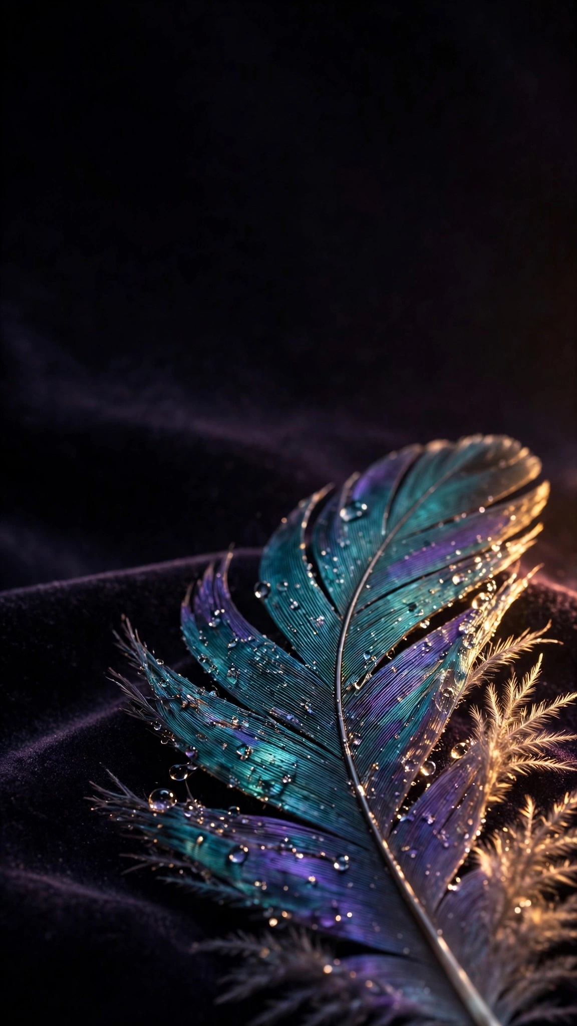 Iridescent teal feather with droplets on dark velvet