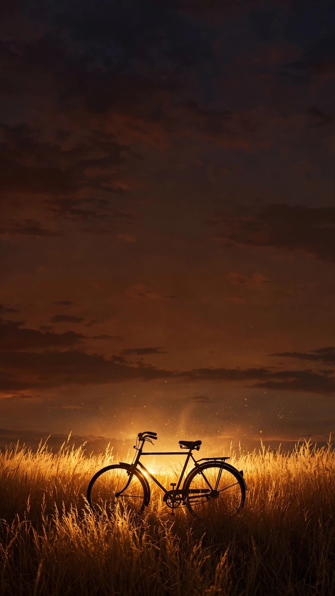 Bicycle silhouette in golden field at dusk wallpaper