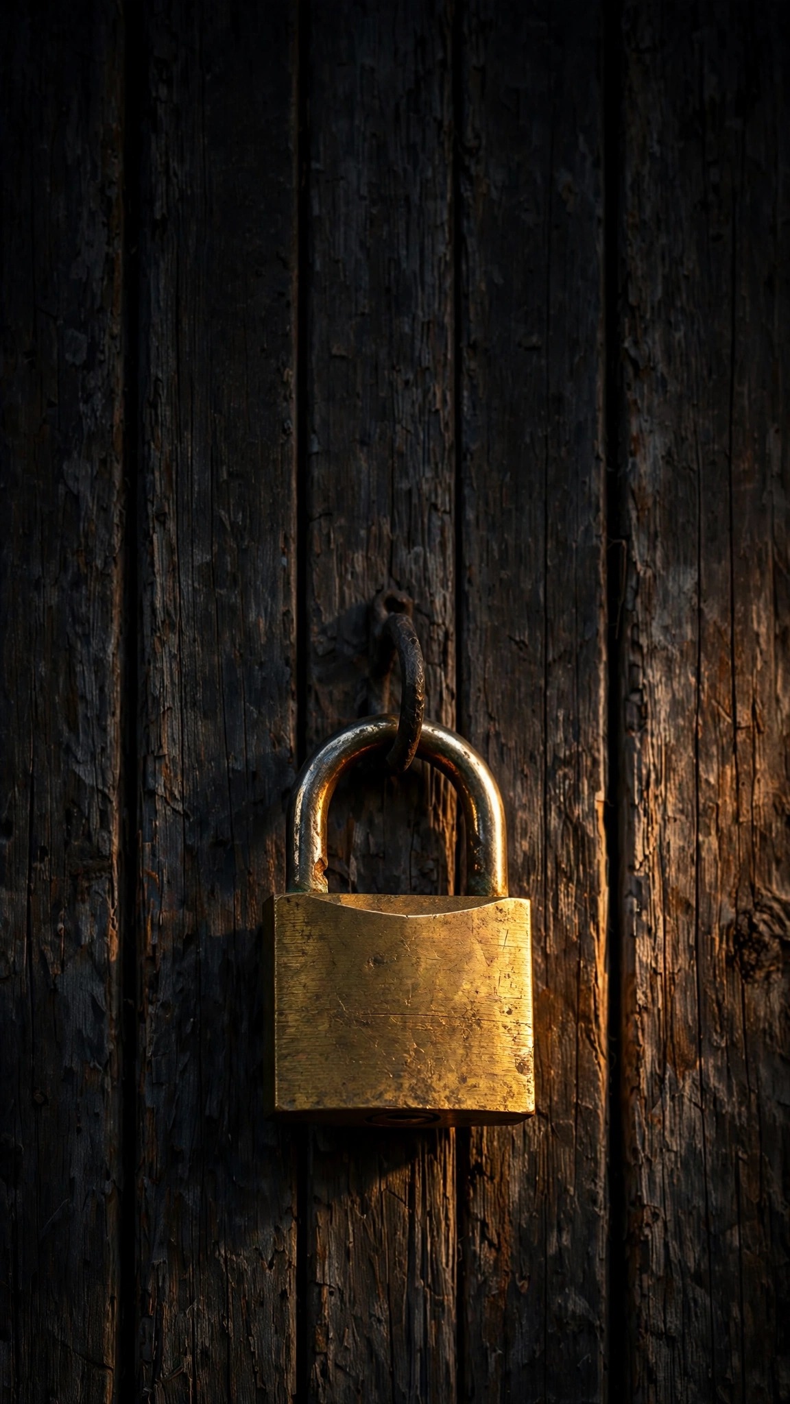 Brass padlock on weathered wooden door wallpaper