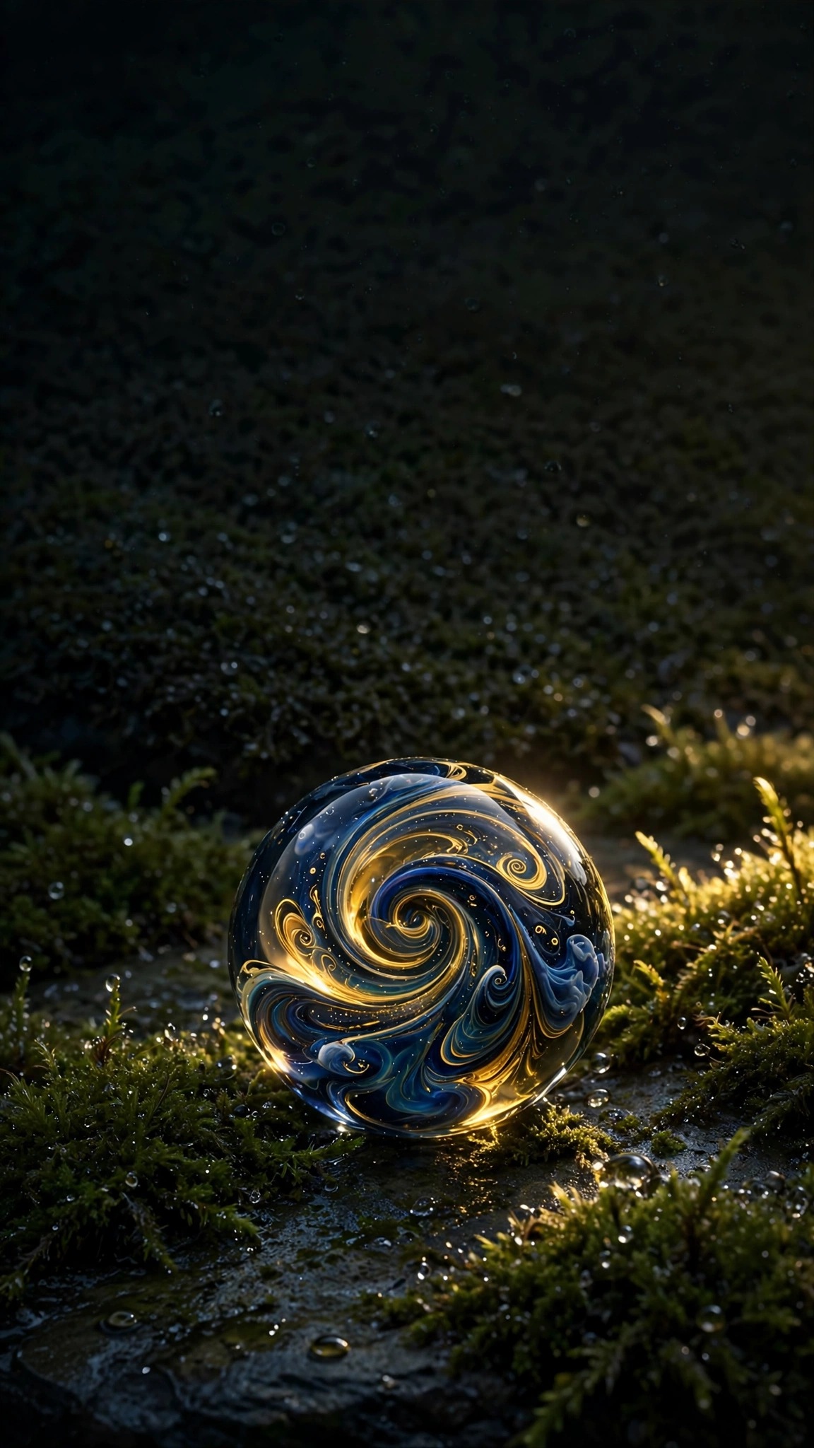 Glass marble on wet moss stone wallpaper