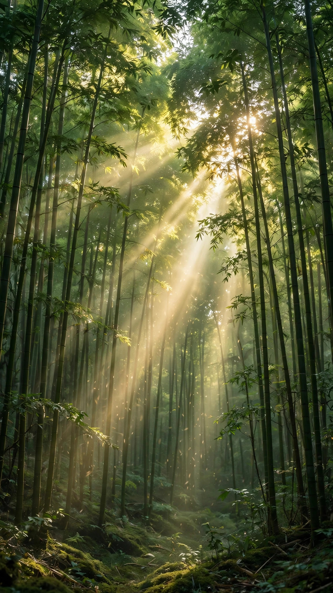 Morning sunbeams filter through tall bamboo stalks in a quiet green forest