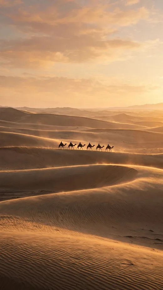 A camel caravan crosses rippled golden sand dunes beneath a warm sunset sky