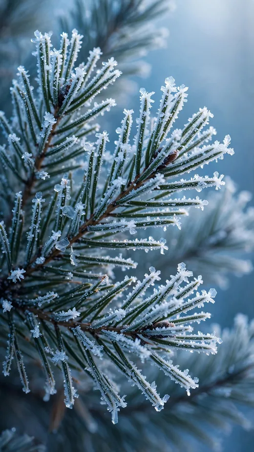 Delicate frost crystals coat the needles of a pine branch in soft winter light