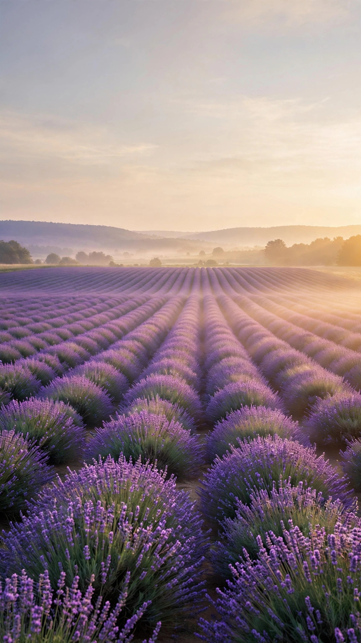 Rows of blooming lavender stretch toward misty hills under a soft golden dawn sky