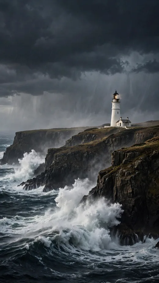 Waves crash against dark cliffs below a lighthouse glowing through a stormy sky