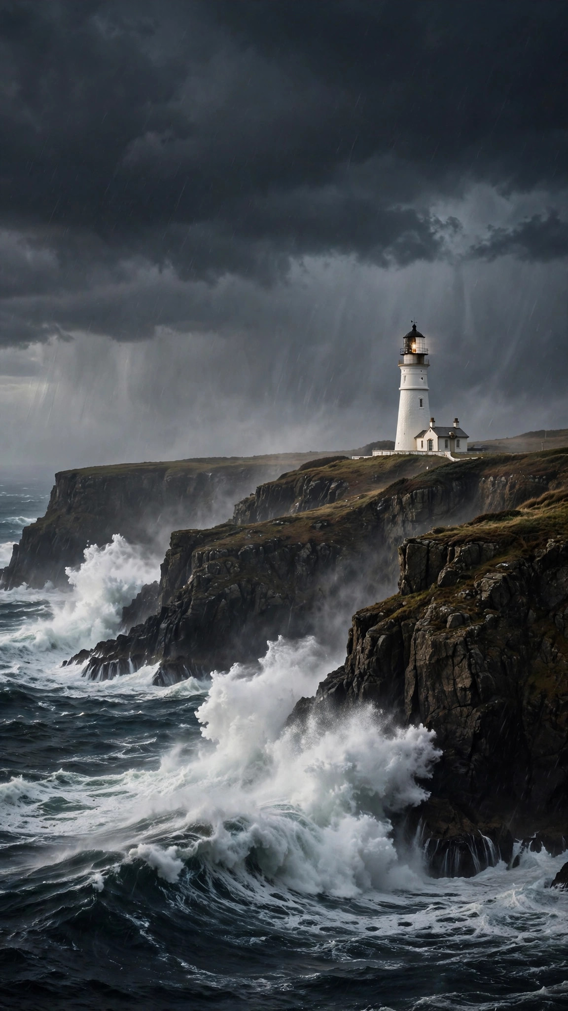 Waves crash against dark cliffs below a lighthouse glowing through a stormy sky
