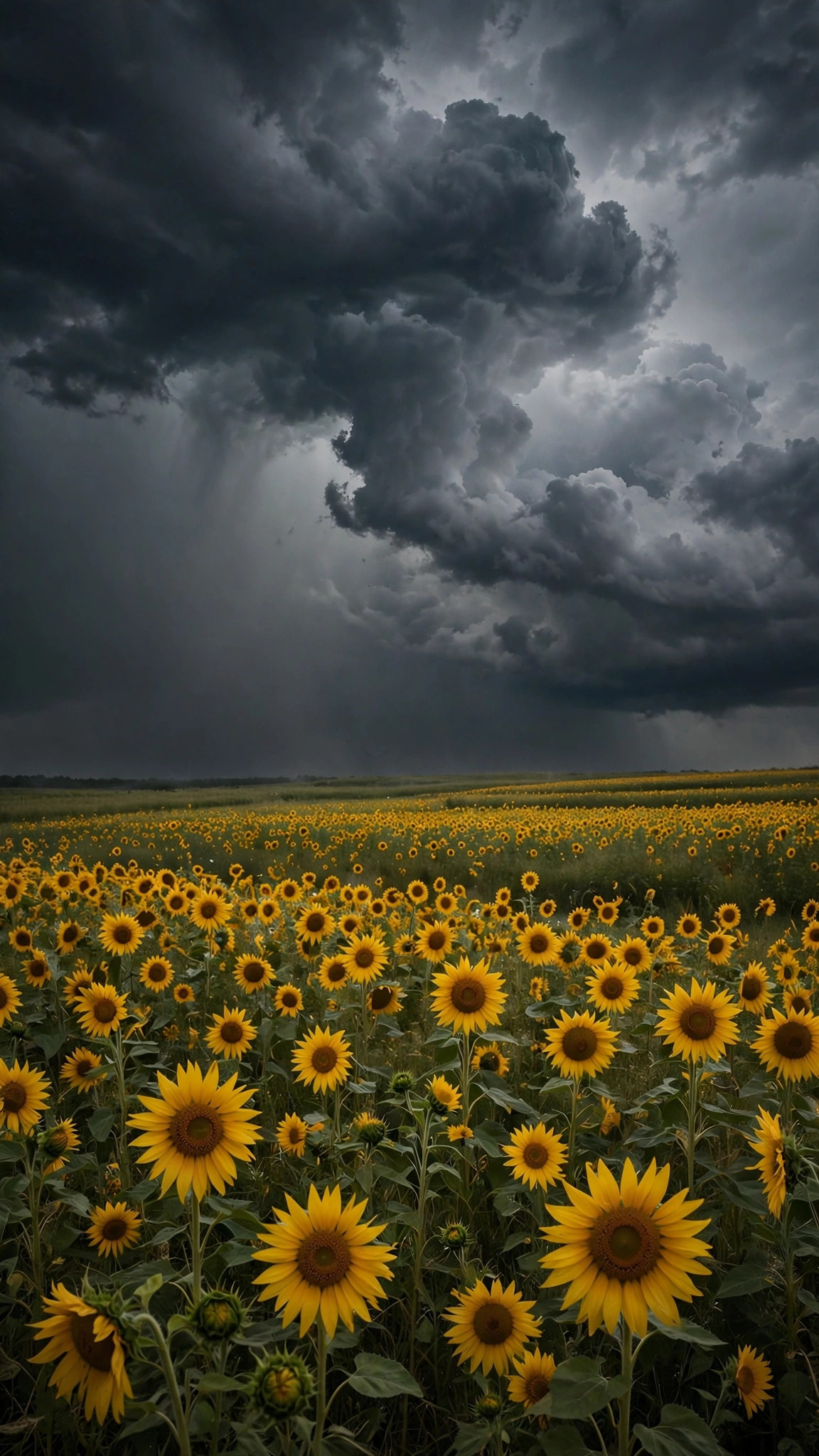 A field of bright sunflowers stands beneath dramatic dark storm clouds
