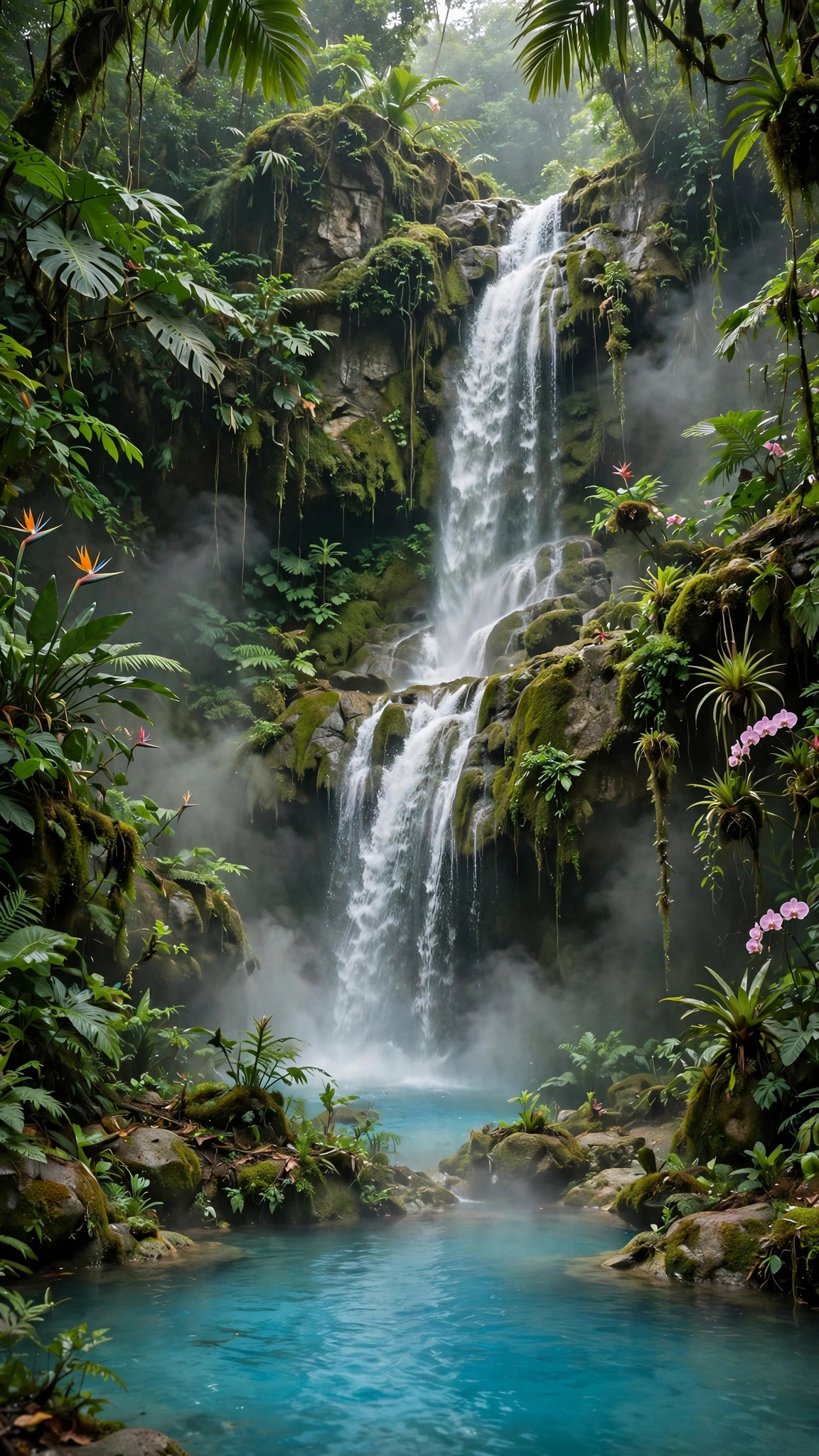 A waterfall tumbles through lush jungle foliage into a clear turquoise pool