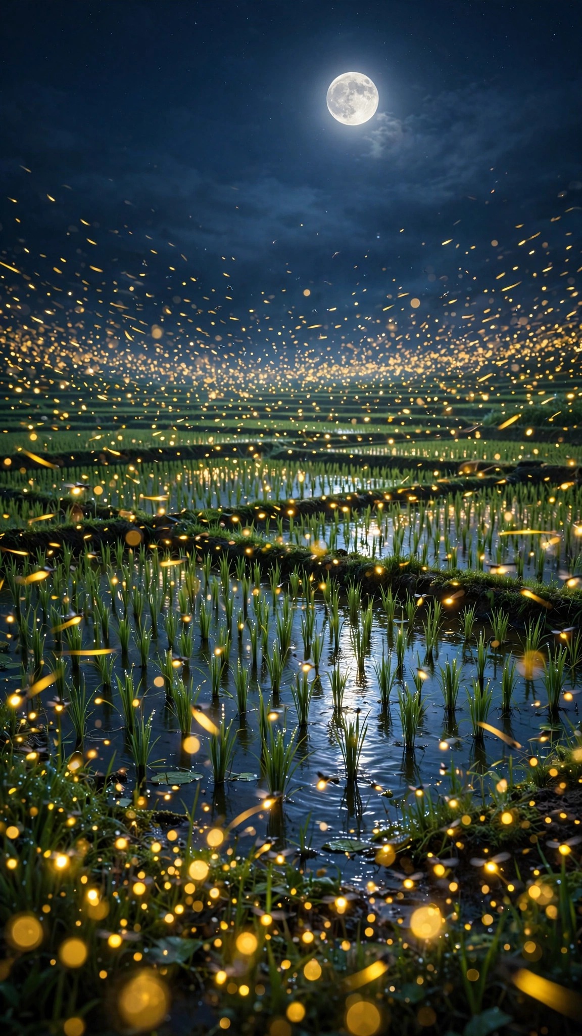 thousands of fireflies over a moonlit rice paddy
