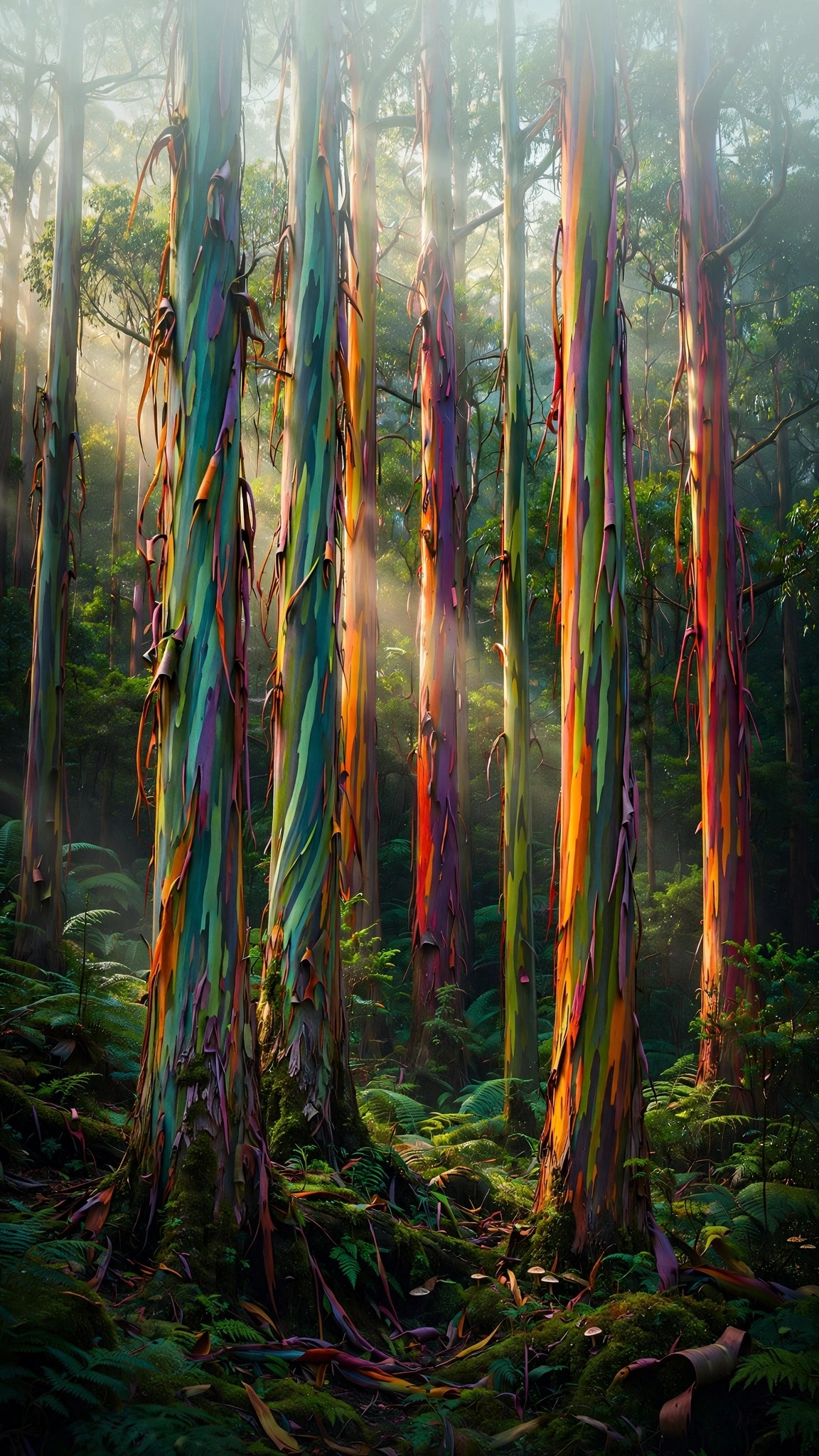 rainbow eucalyptus forest with multicolored peeling bark