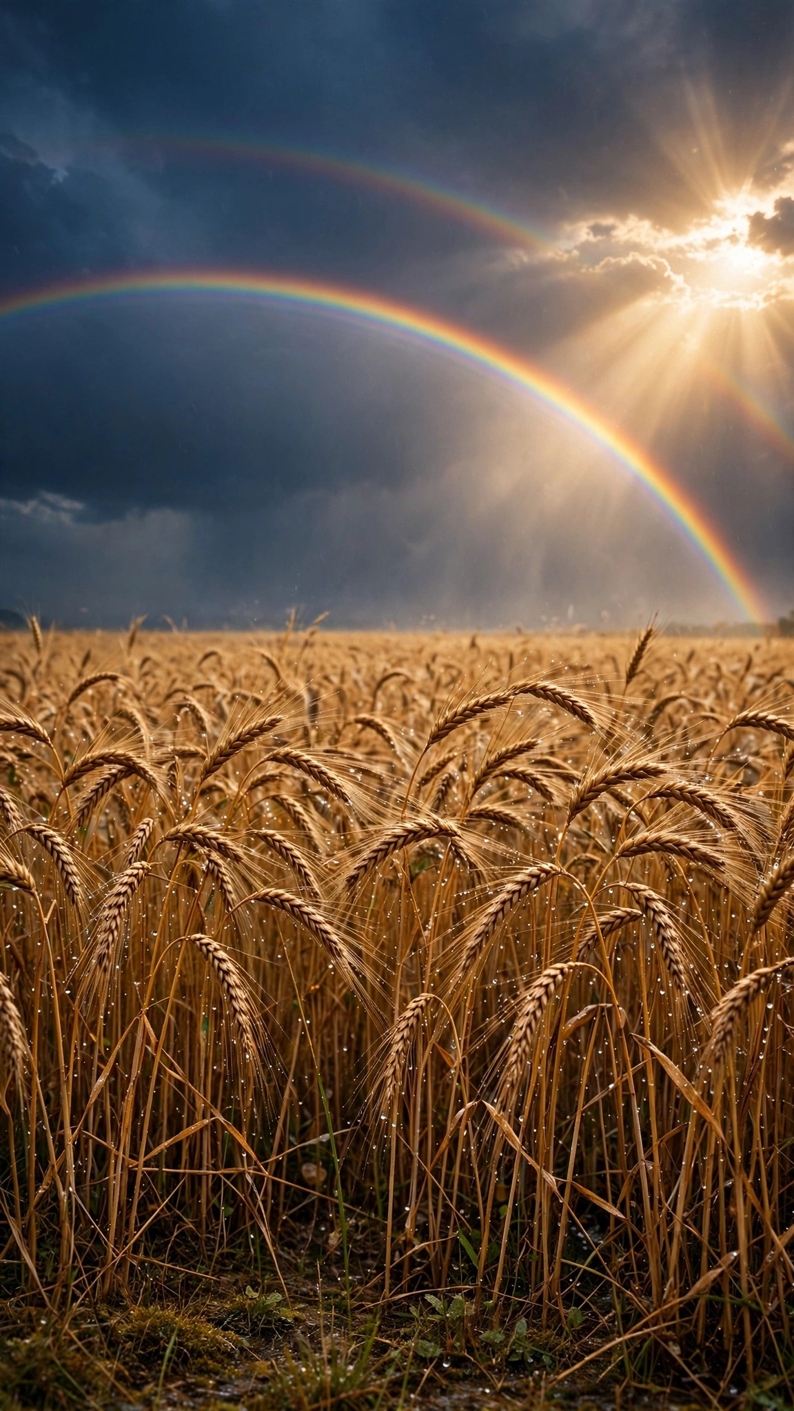 golden wheat field under a vivid rainbow after rain