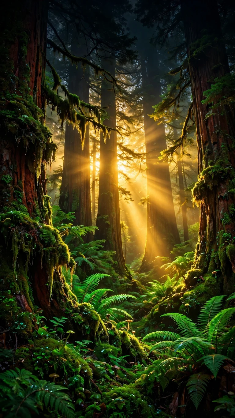 sunrise ancient redwood rays nature nature phone wallpaper