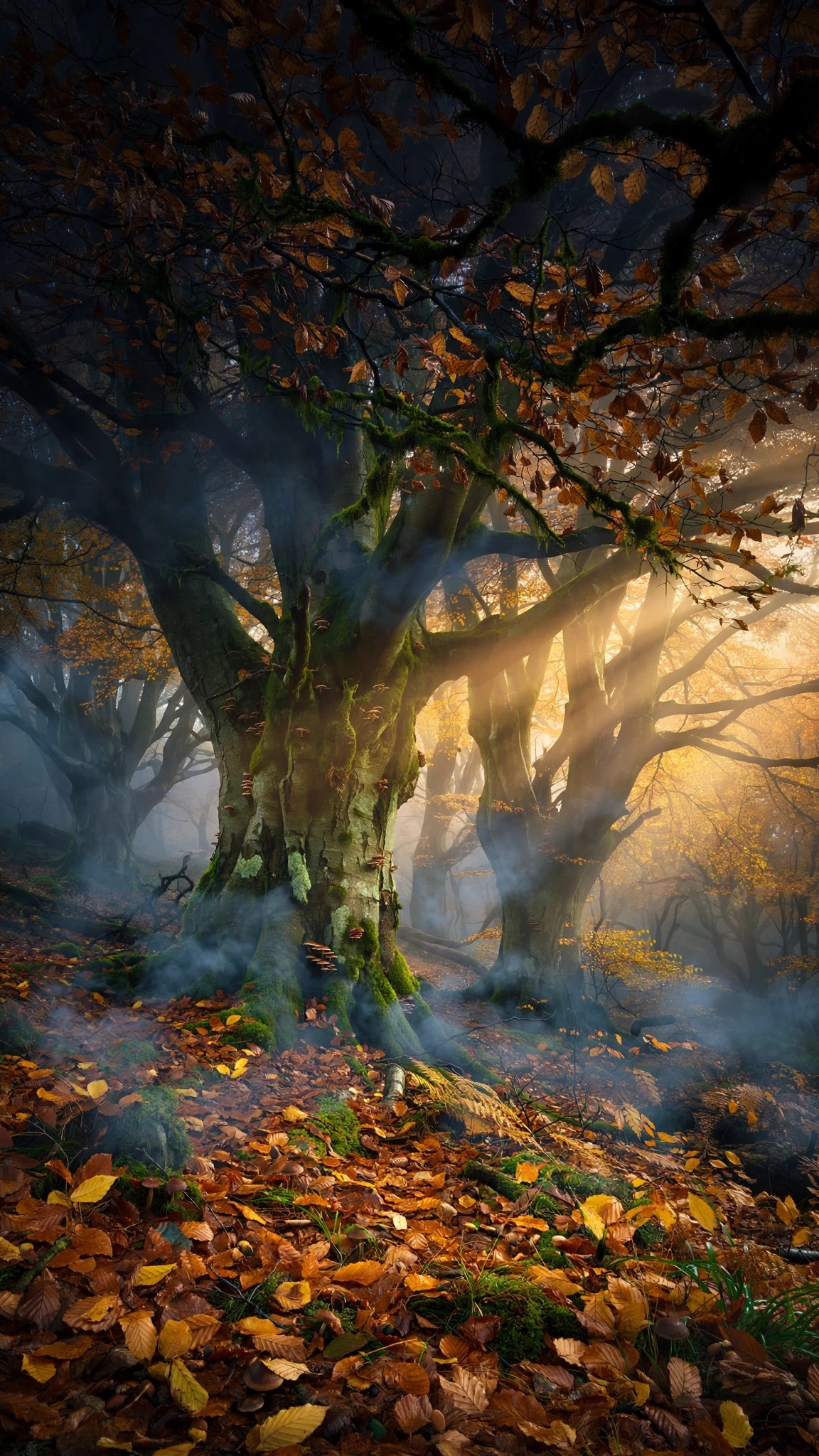 autumn beech forest with fog and sunbeams wallpaper