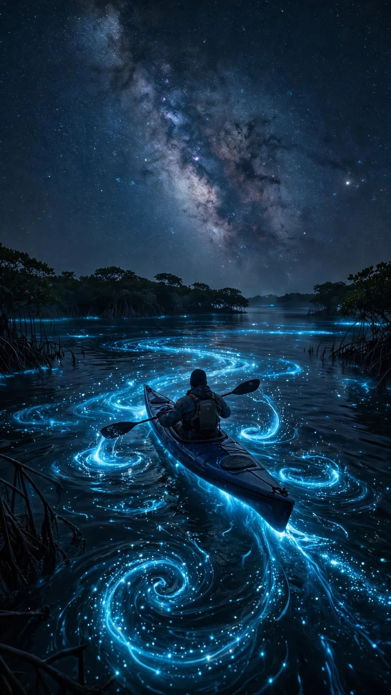 kayak in a bioluminescent bay at night wallpaper