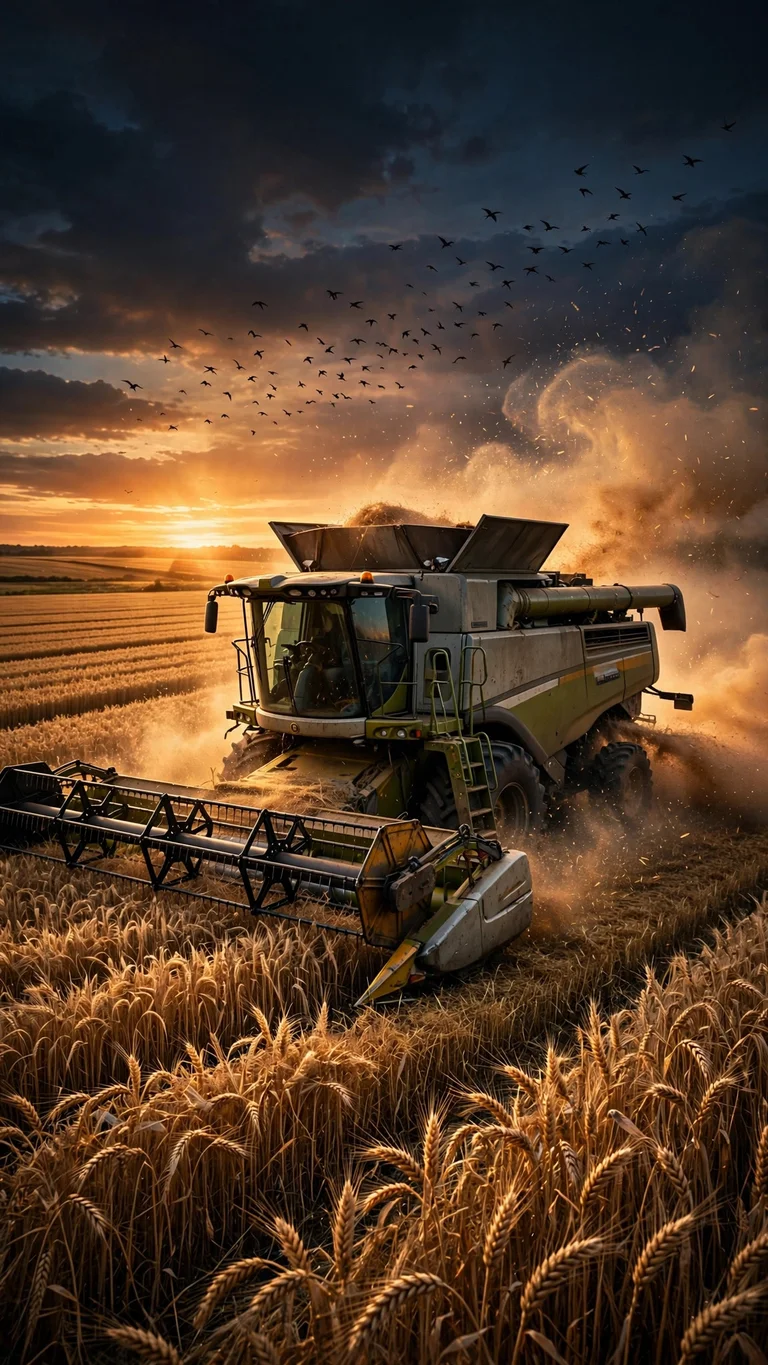 combine harvester in golden wheat field at dusk wallpaper