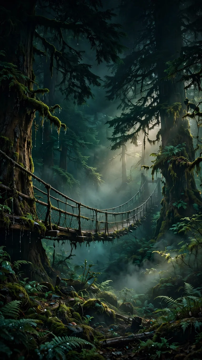 misty suspension bridge in ancient cedar forest wallpaper