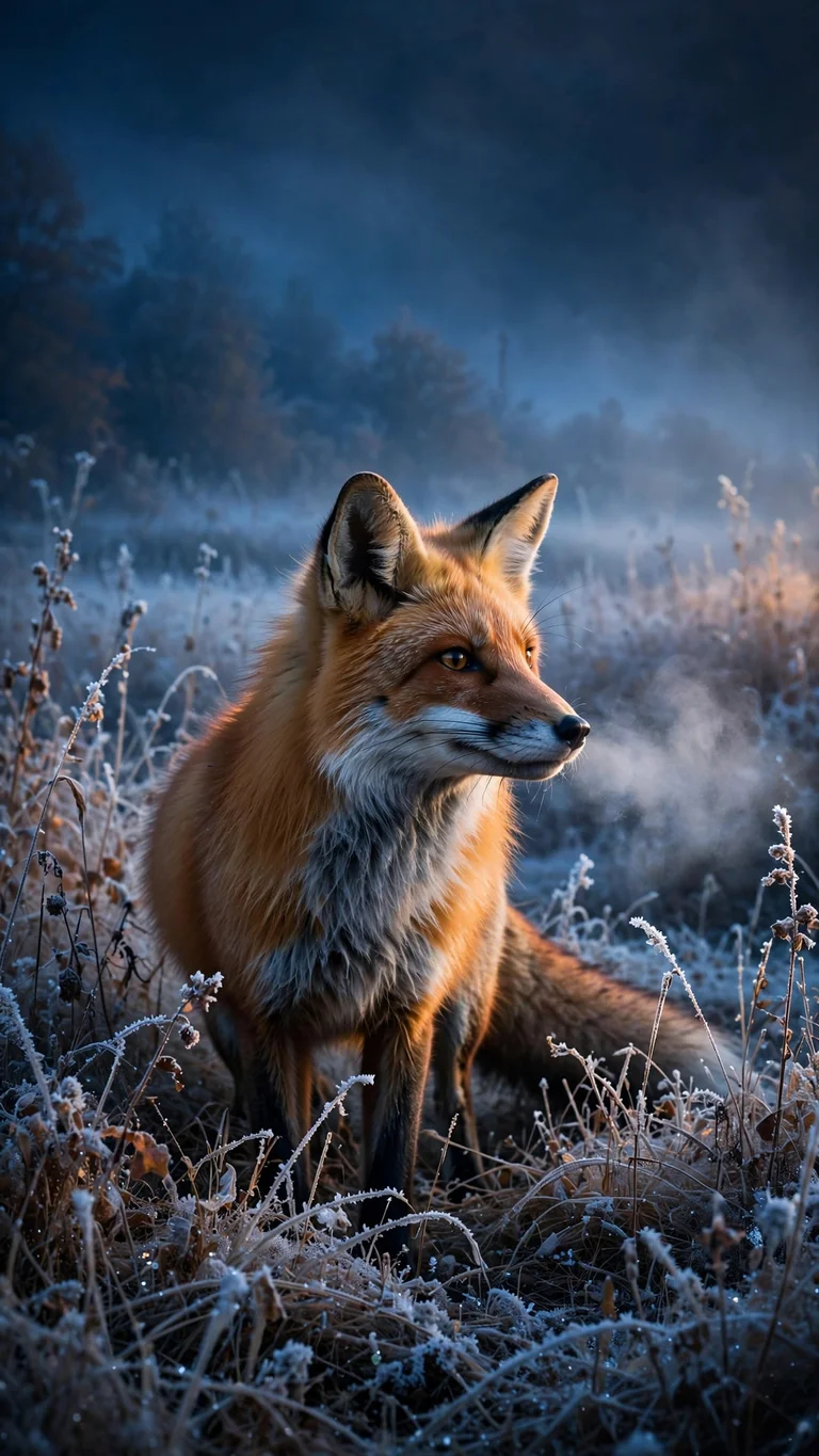 red fox in a frosty meadow at dawn wallpaper