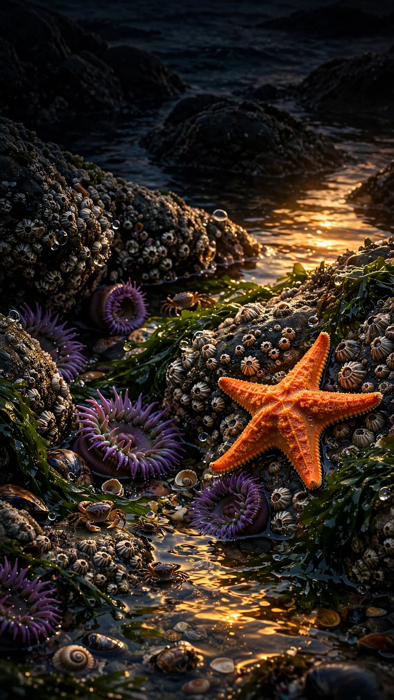 starfish in a sunset tide pool macro nature wallpaper