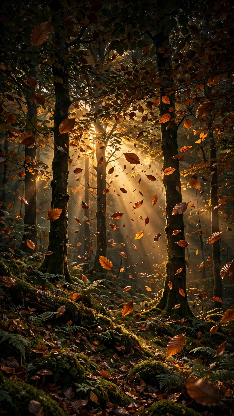 Copper beech leaves drift through golden light shafts in an October forest.