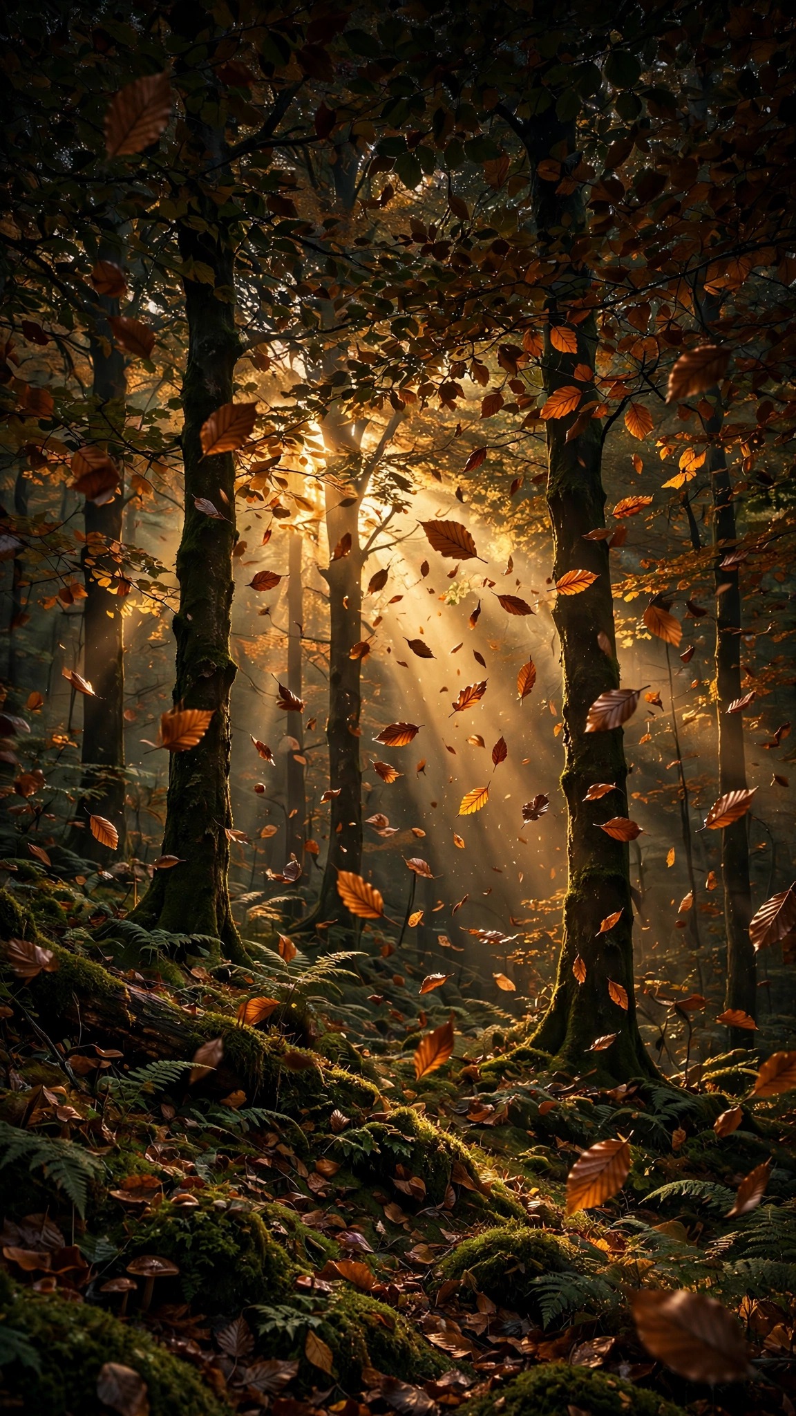 Copper beech leaves drift through golden light shafts in an October forest.