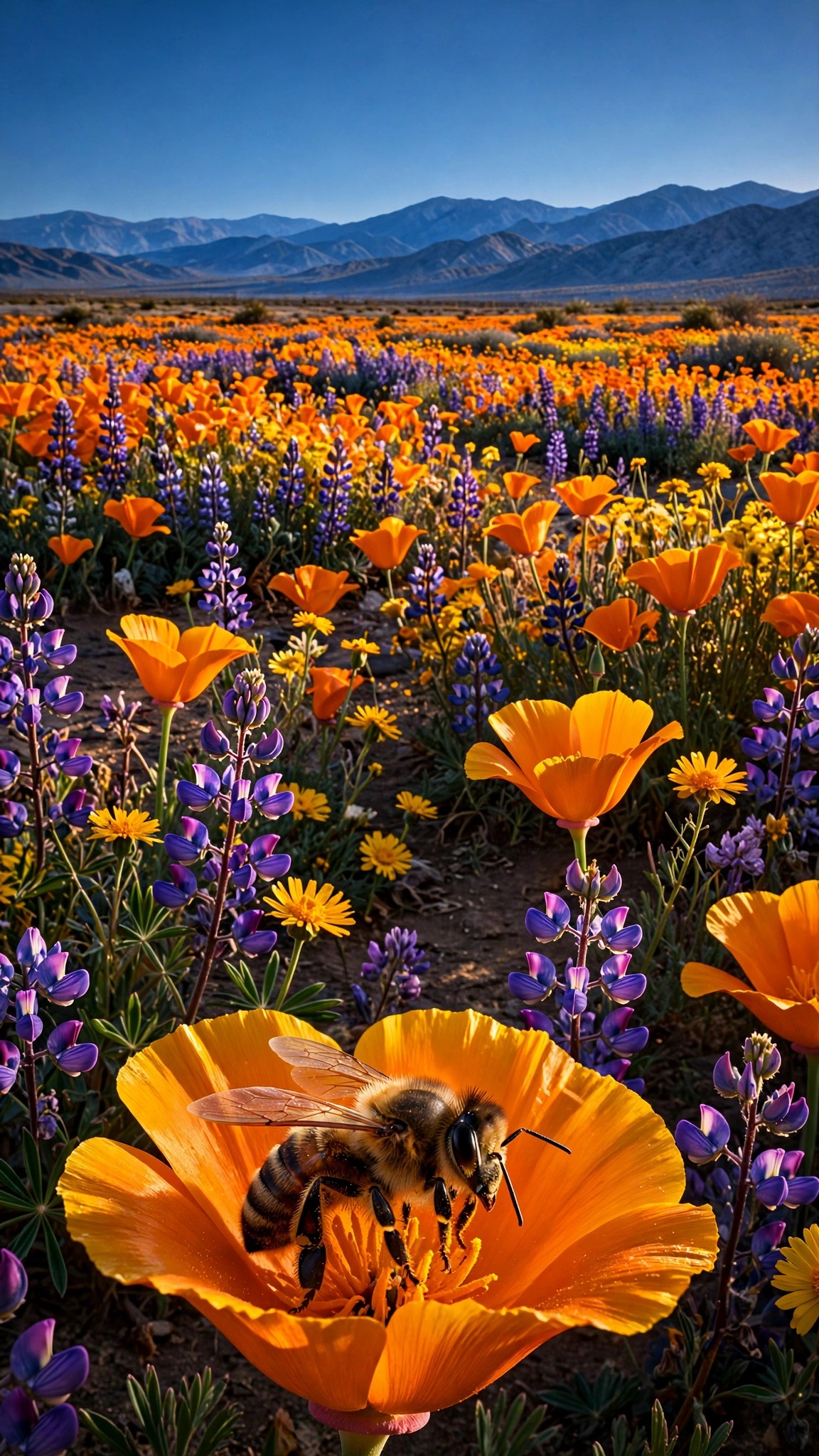 A California desert carpeted in vivid poppies and lupines under blue skies.