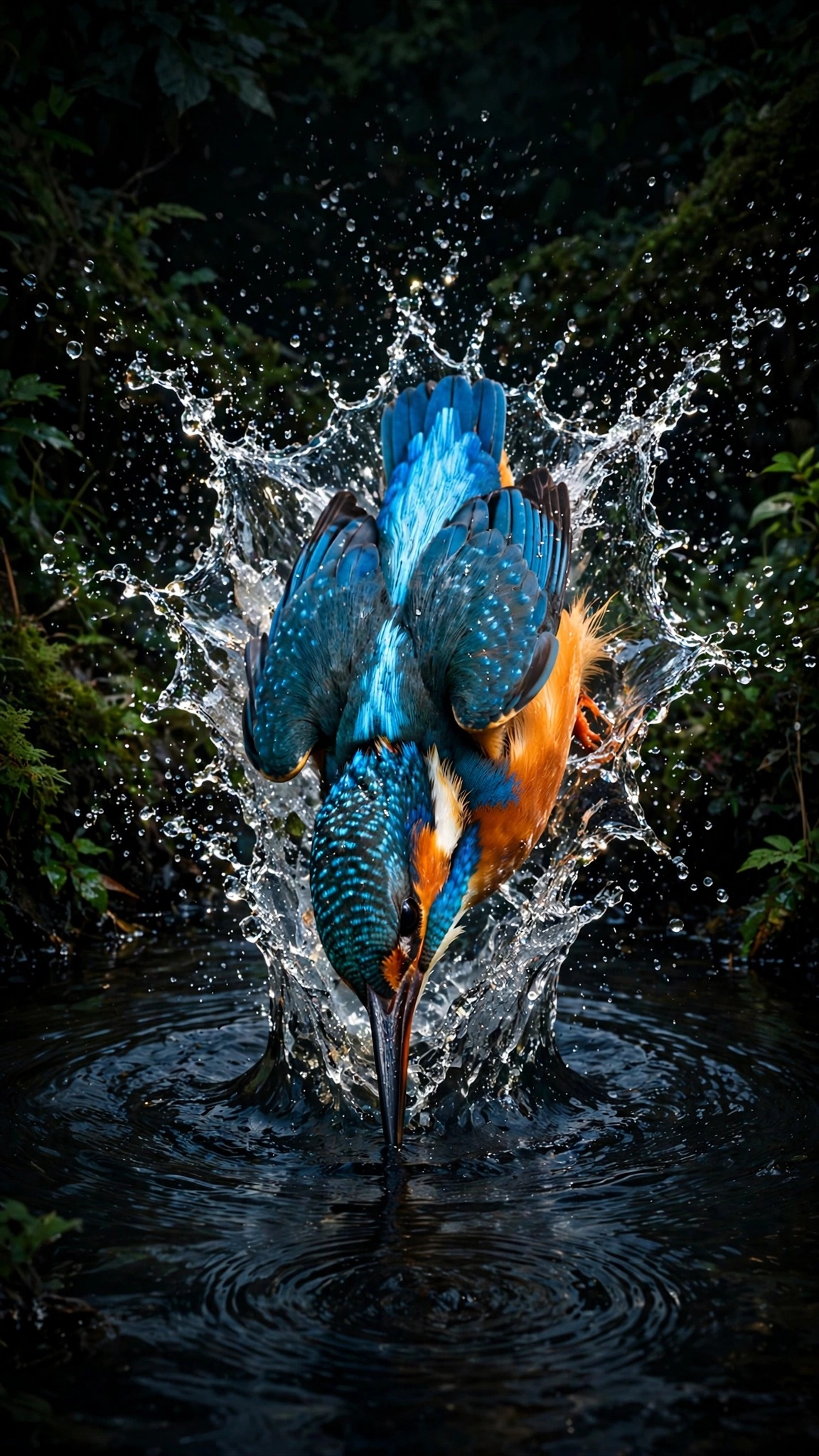 A kingfisher dives into a dark river crowned by a sparkling splash.
