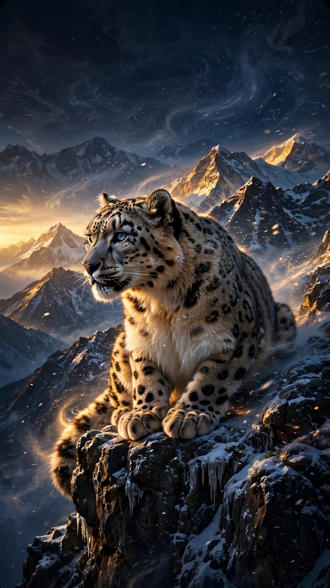 A snow leopard with piercing eyes rests on a Himalayan cliff at golden hour.