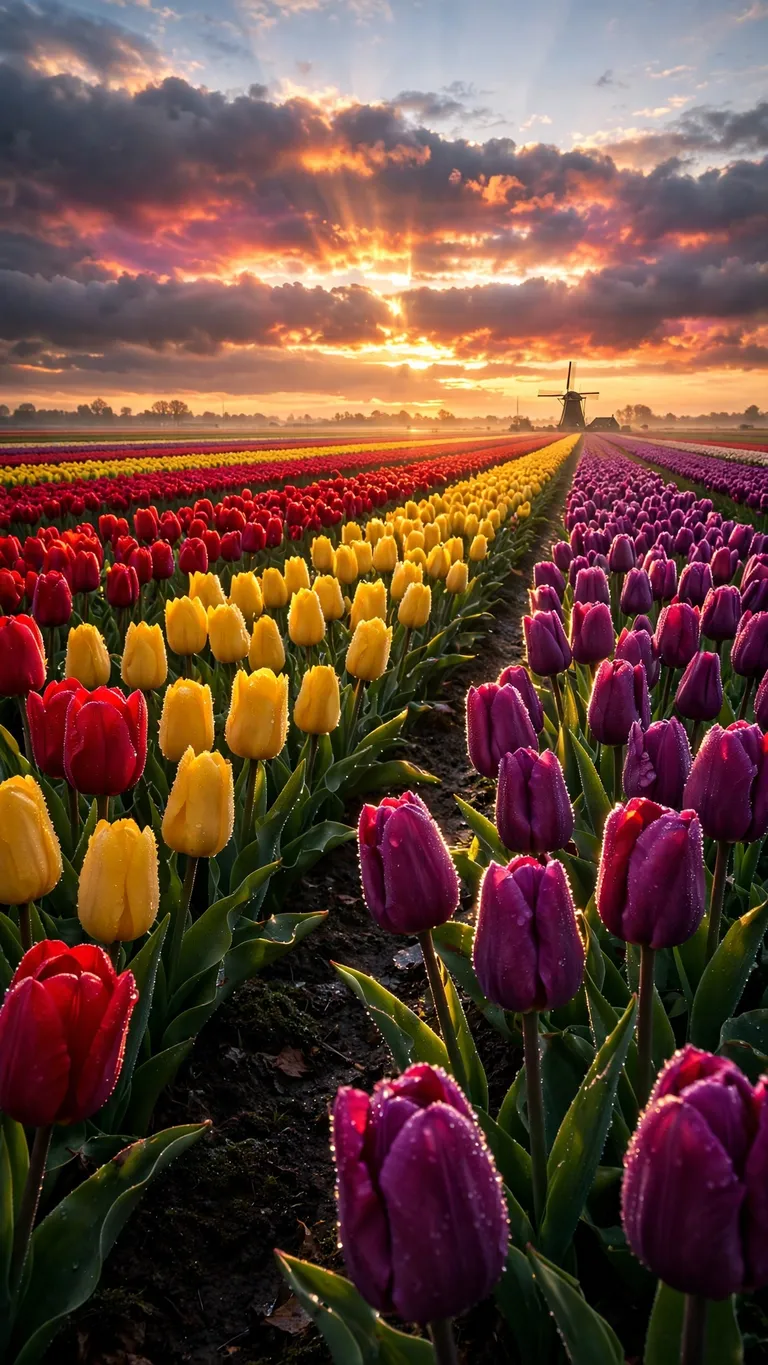 Endless rows of vivid tulips stretch under a burning sunrise sky.