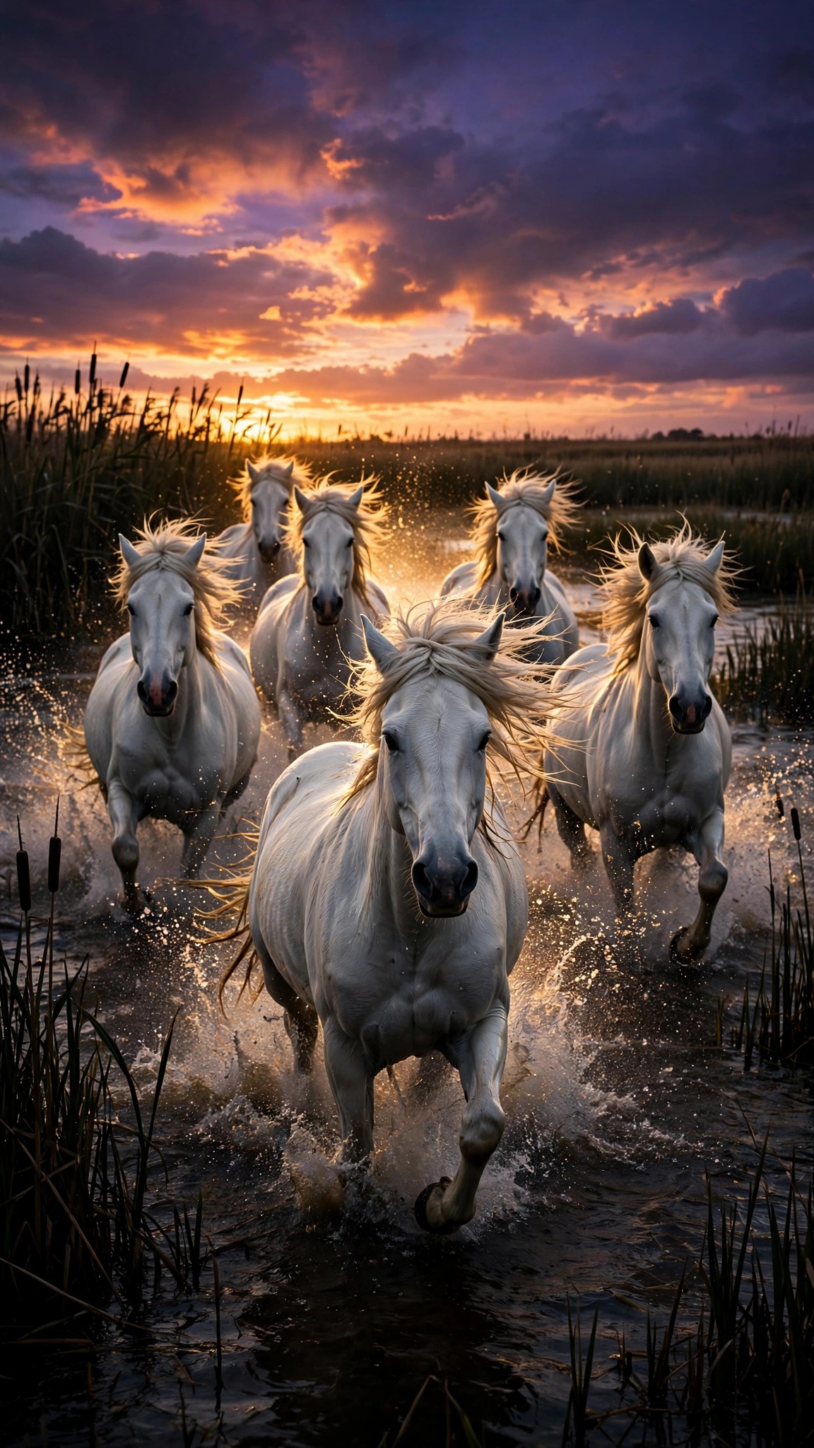 White wild horses gallop through wetland waters at fiery dusk.