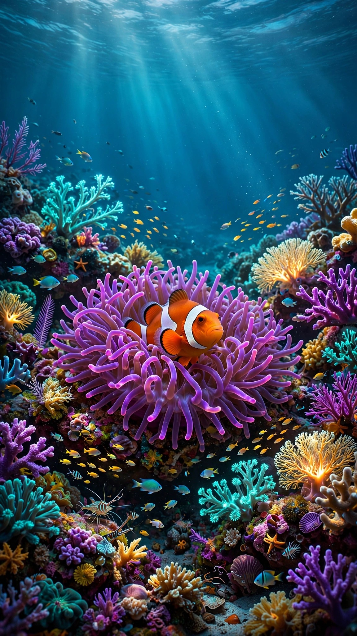 Clownfish Anemone Coral Reef, vertical nature phone wallpaper