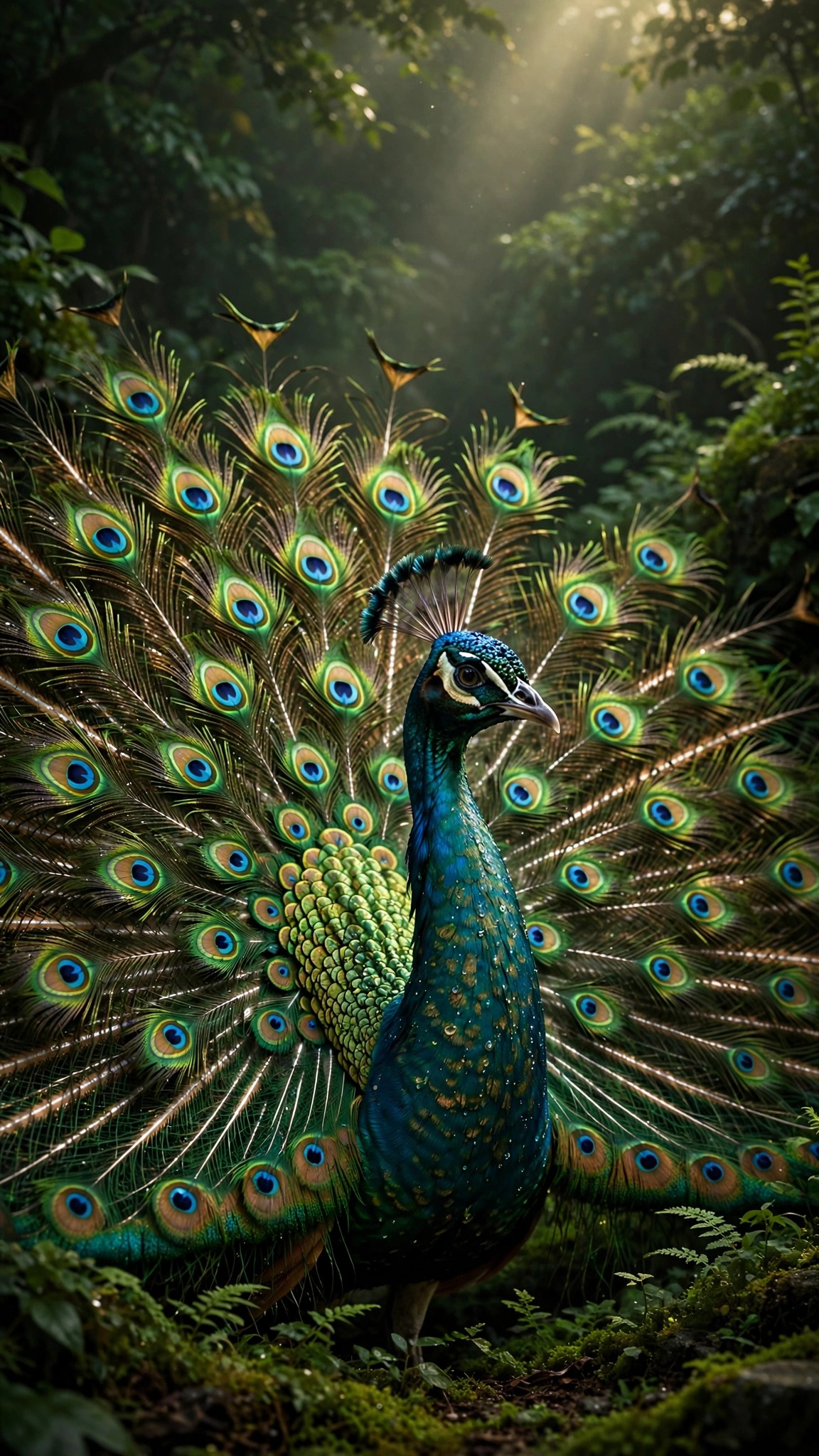 Peacock Iridescent Tail Display, vertical nature phone wallpaper