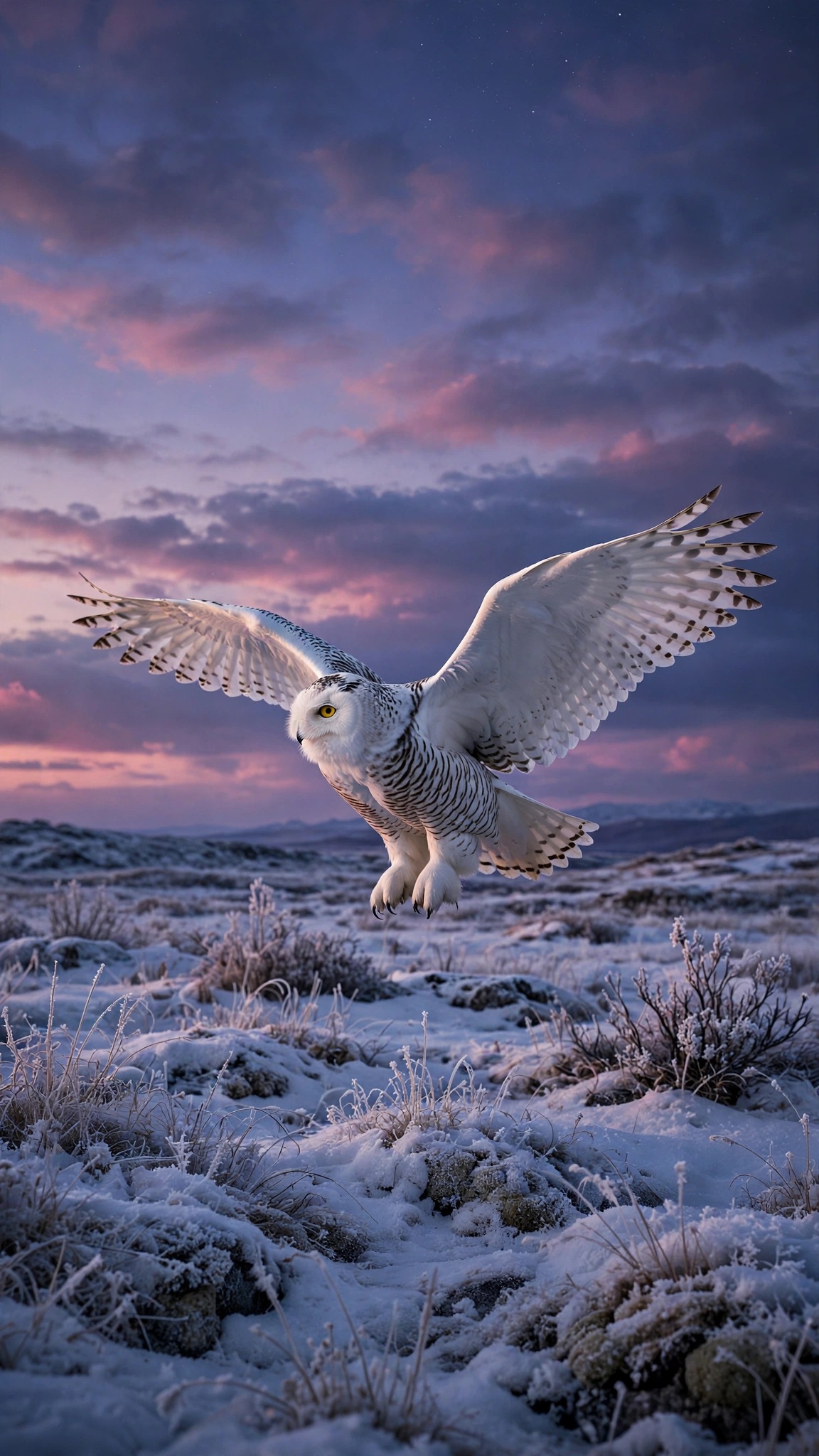 Snowy Owl Tundra Twilight, vertical nature phone wallpaper