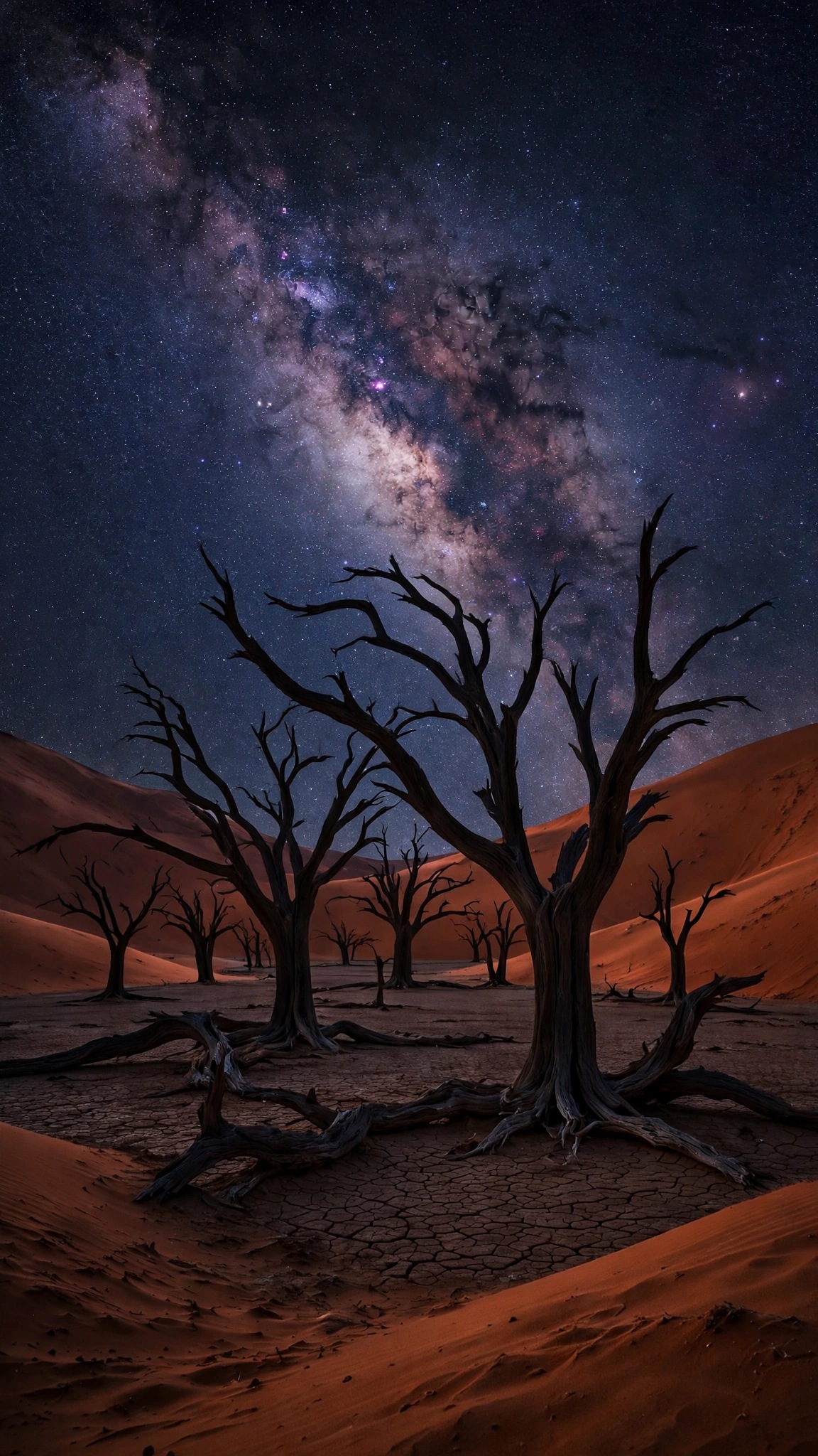 Dead camelthorn tree silhouettes against the milky way over orange desert dunes at night, vertical phone wallpaper