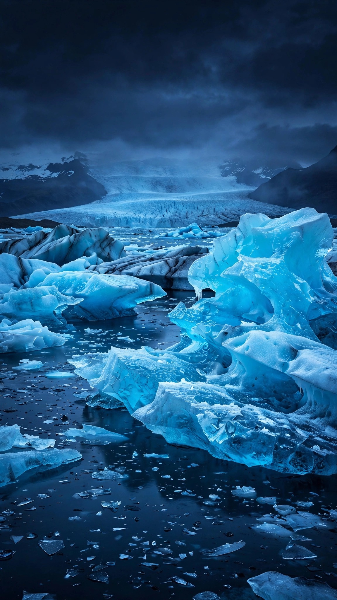 Luminous blue icebergs drifting in a glacial lagoon at blue hour, vertical phone wallpaper