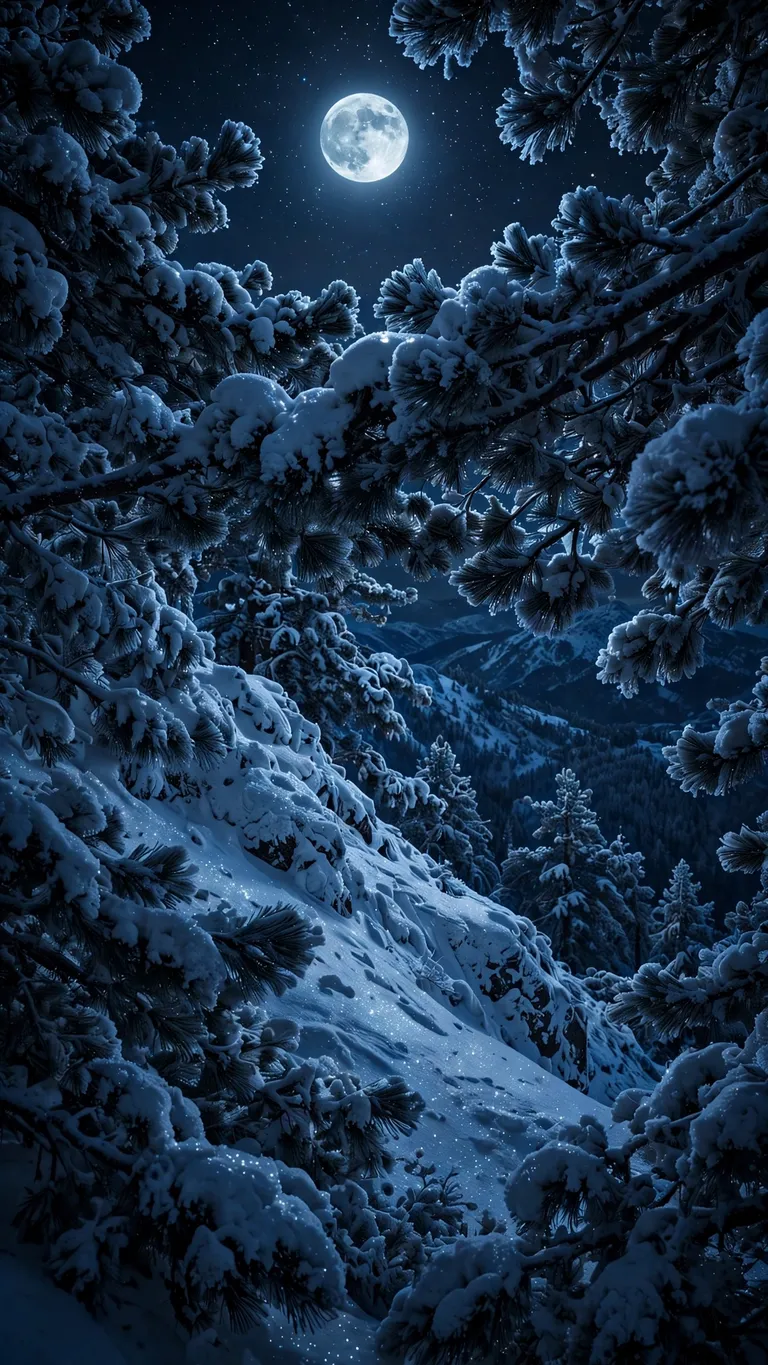 Snow-covered pine ridge under a full moon with blue moonlight and stars, vertical phone wallpaper