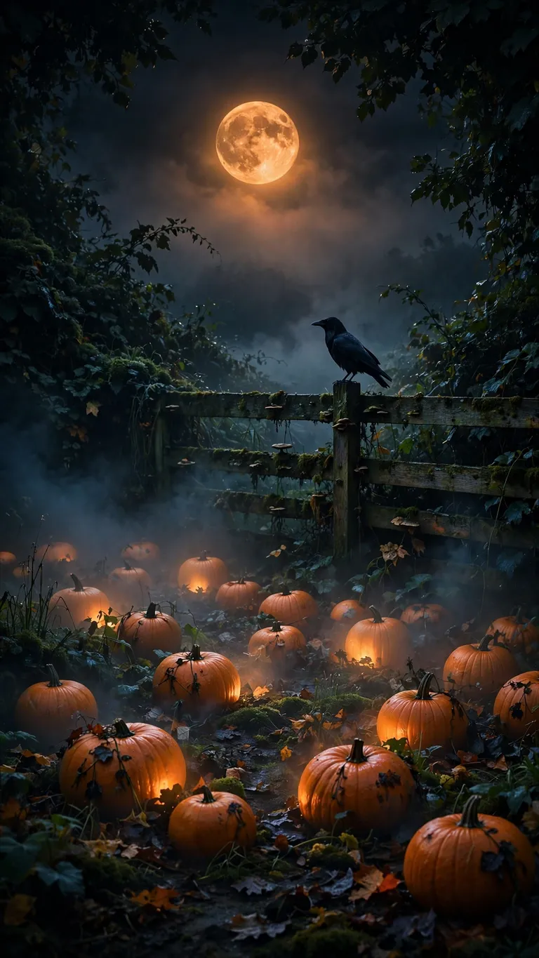 Misty pumpkin patch at dusk under a glowing harvest moon with a crow on a wooden fence, vertical phone wallpaper