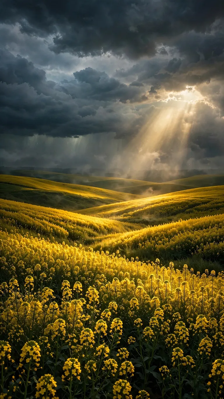 Rolling canola flower field under towering storm clouds with a sunbeam breaking through, vertical phone wallpaper