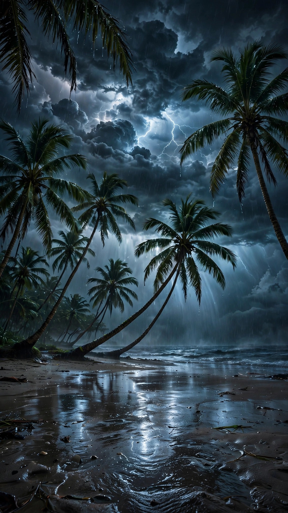 Palm trees bending in a tropical night storm with lightning-lit clouds over a rain-wet beach, vertical phone wallpaper