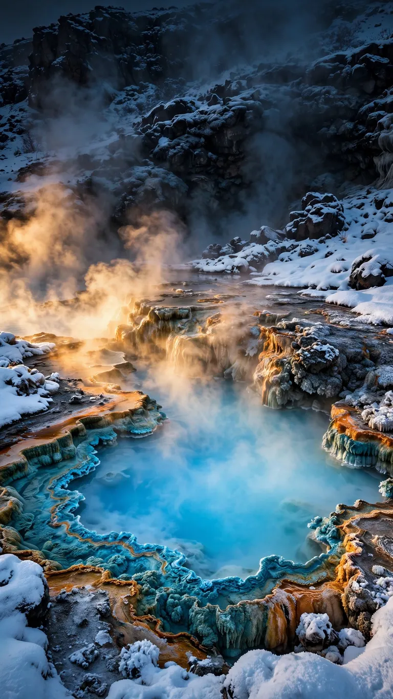 Steaming vivid blue geothermal pool surrounded by snow in winter, vertical phone wallpaper