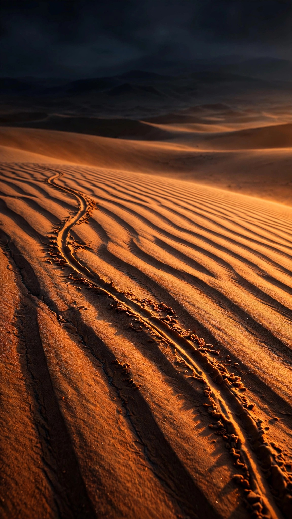 Wind-sculpted dune ripples glowing orange at sunset, macro desert wallpaper