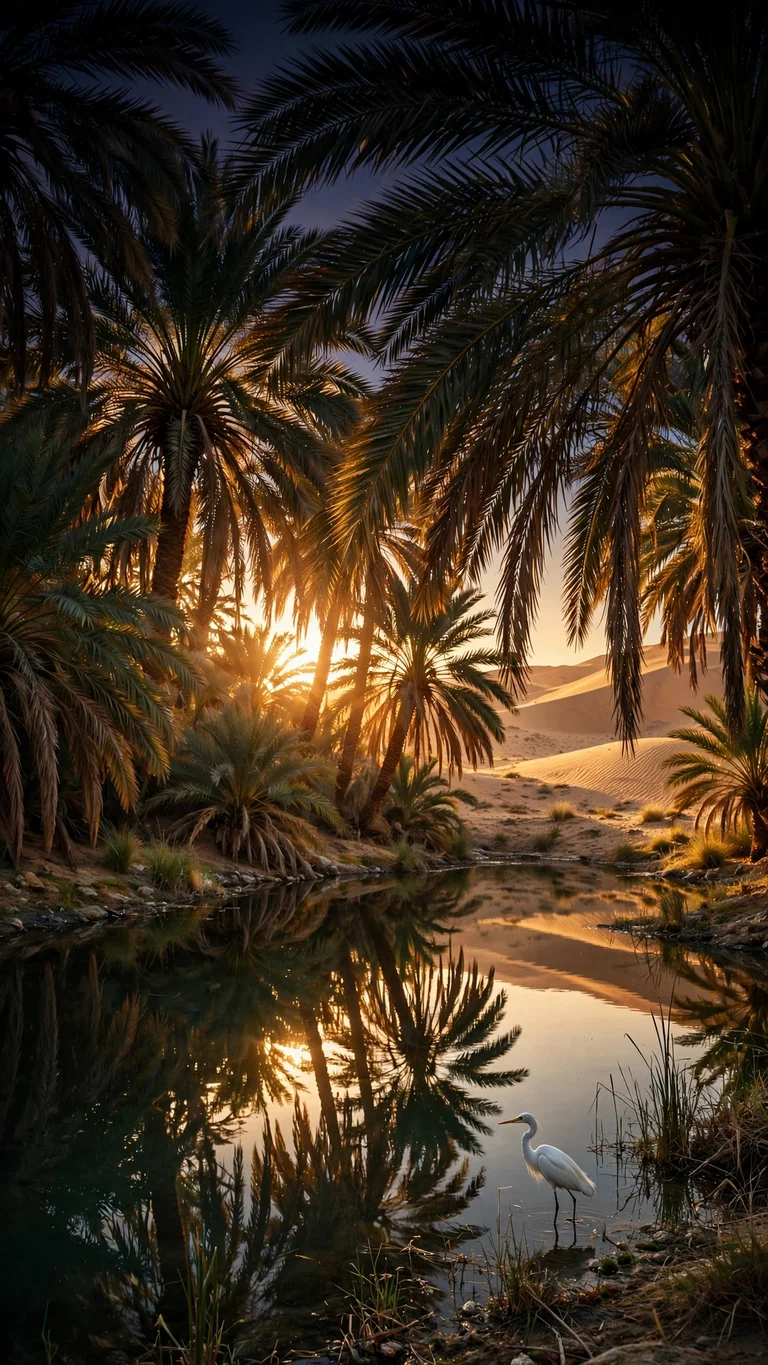 Desert oasis with date palm reflections and an egret at golden hour, nature wallpaper