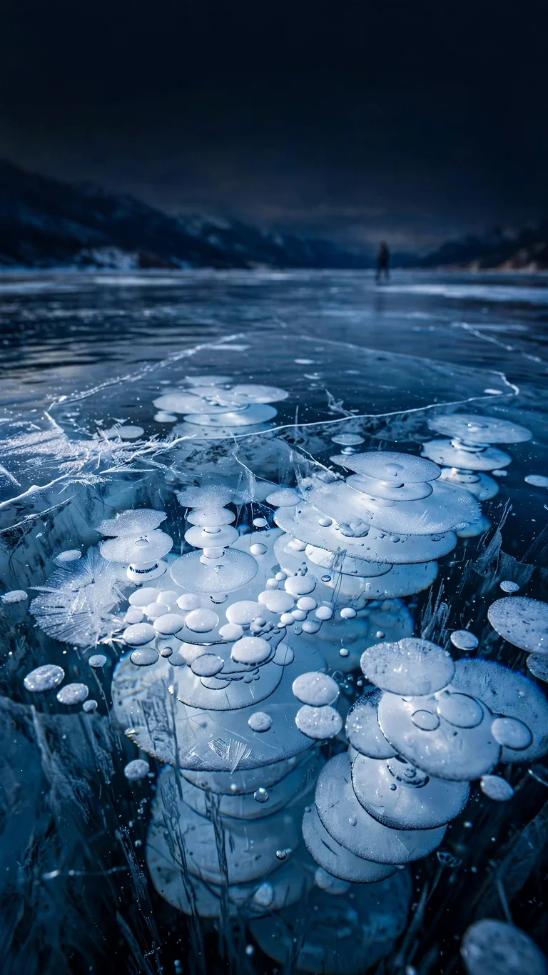 Methane bubbles frozen in deep-blue lake ice macro with distant skater, nature wallpaper