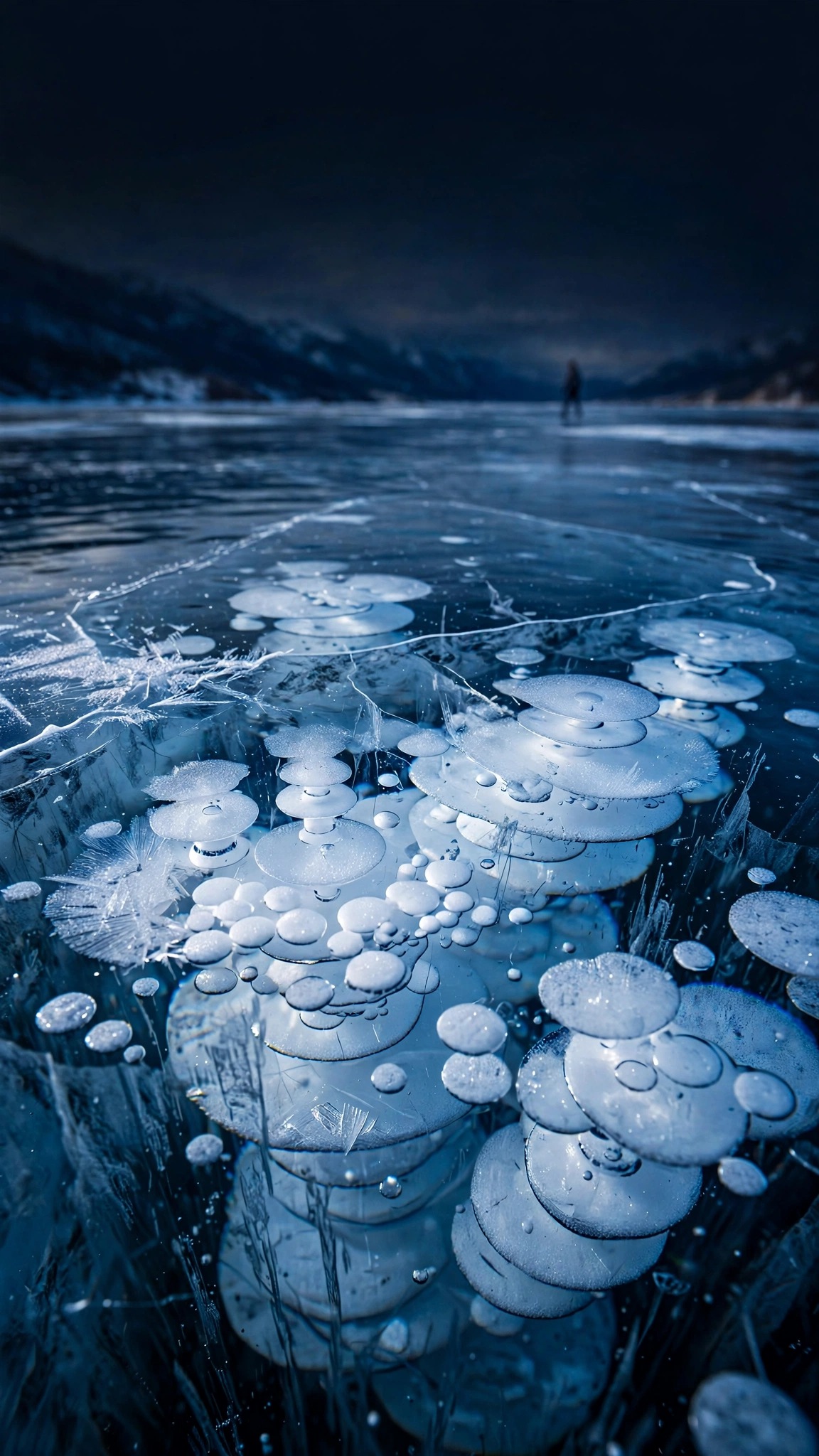 Methane bubbles frozen in deep-blue lake ice macro with distant skater, nature wallpaper