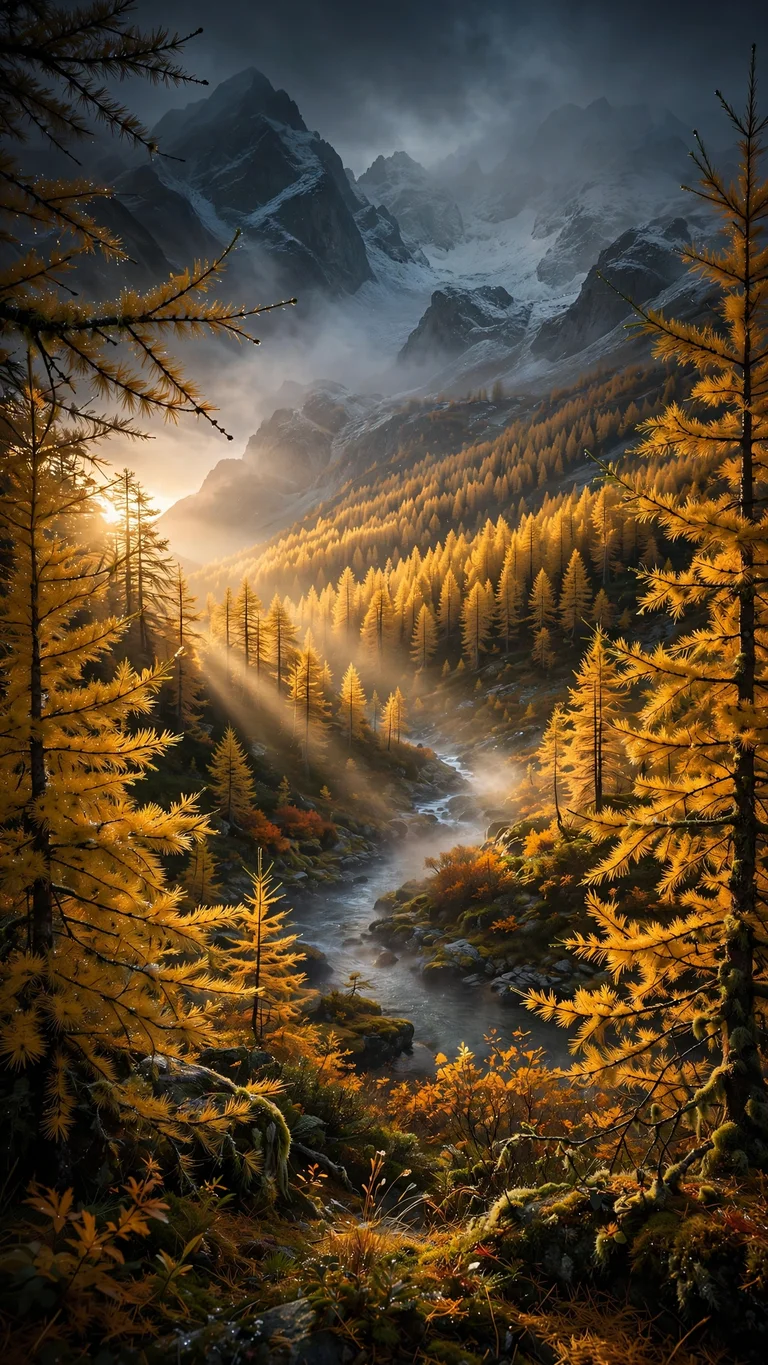 Golden larch forest in autumn across a mountain valley at sunrise with misty river, nature wallpaper