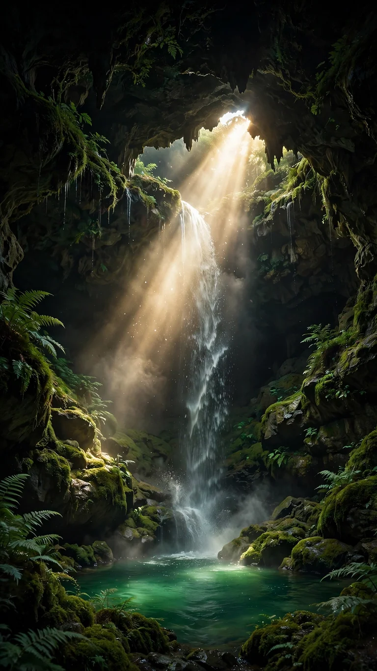 Waterfall inside a cavern with a shaft of sunlight and emerald pool, nature wallpaper