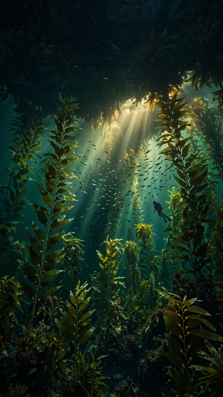 Diver silhouette in an underwater kelp forest with sunbeams and schooling fish, nature wallpaper