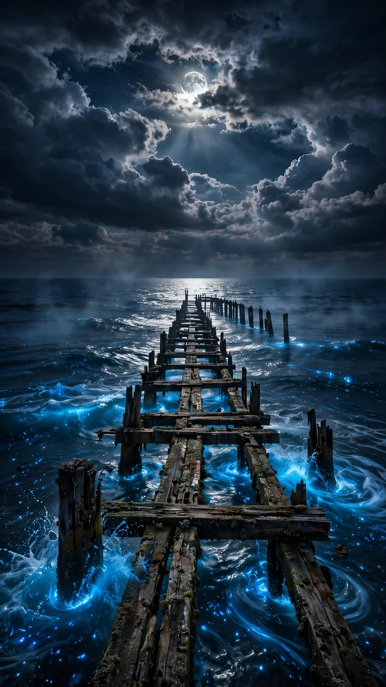 Wooden pier in a moonlit ocean with bioluminescent waves at night, nature wallpaper